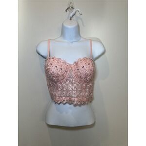 Windsor Top Womens XL Soft Pink Lace Bustier Crop Top with Rhinestones